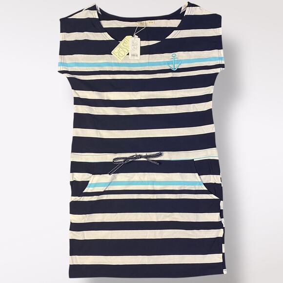 Beach‎ by Exist NWT Blue Striped Anchor Embroidered Shirt Mini Dress Size L - Picture 1 of 9